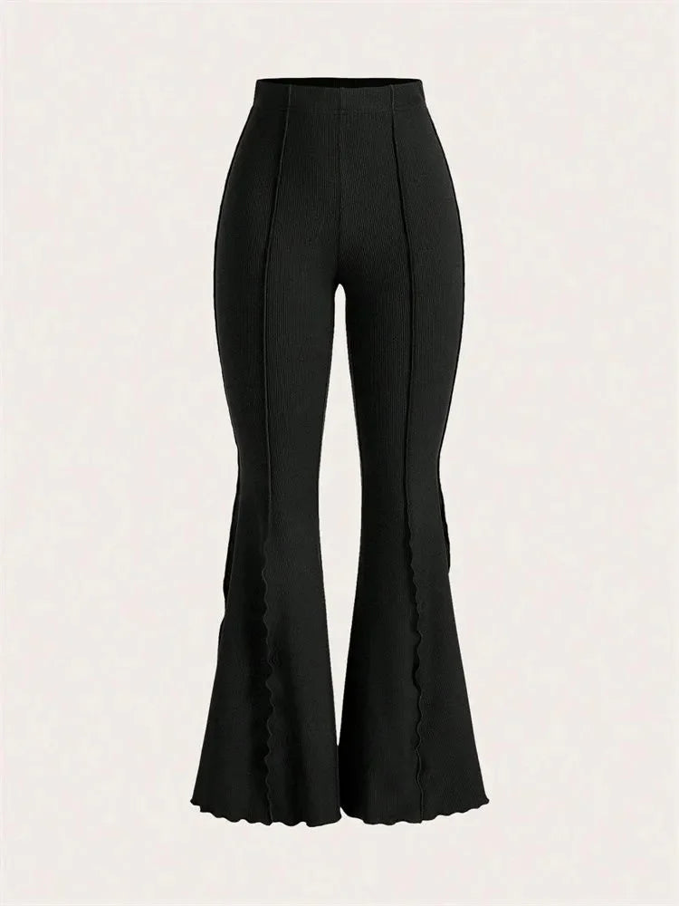 Lettuce Trim Elastic Women's Flared Pants for Women Spring Autumn Winter Casual Rib-knit Slim Fit Trousers Leggings Streetwewar
