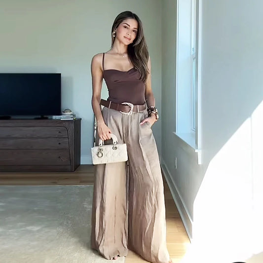 TRAF Women's Pants High Waist Wide Leg Pants with Belt Satin Long Trousers Pockets Casual Baggy Pants Summer Elegant Lady Pants