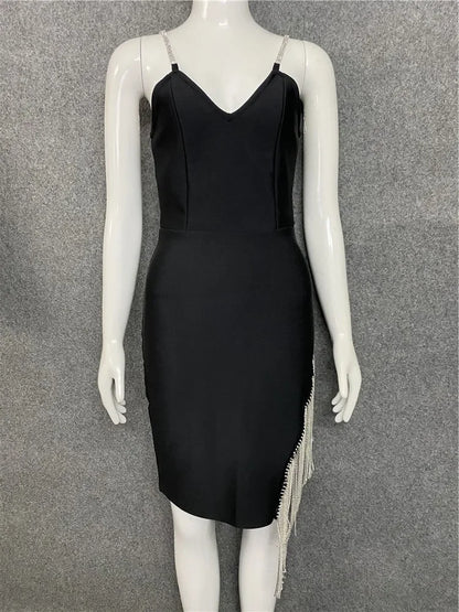 2023 Autumn Sexy V-Neck Tank Side Slit Fringed Diamond Slims Your Smooth Silhouette Drawstring Dress Name Concentrates Gown