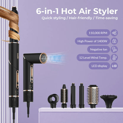 6-in-1 Multifunctional Hot Air Comb, Interchangeable Brush Head, Negative Ion Hair Dryer Brush and Styler, 110,000 Inorganic Electric Brush with High Speed, Frizzless Hot Air Quick Drying, Professional Air Styling Comb, Hair
