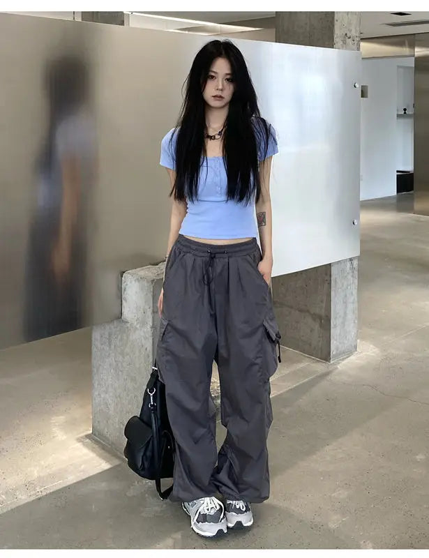 2025 Women Casual Joggers Tech Pants Solid Low Waist Pants Drawstring Wide Leg Baggy Trousers Y2k Streetwear Oversize Sweatpants