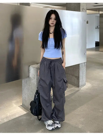 2025 Women Casual Joggers Tech Pants Solid Low Waist Pants Drawstring Wide Leg Baggy Trousers Y2k Streetwear Oversize Sweatpants