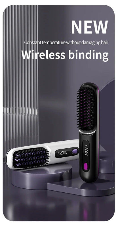 Convenient Mini Cordless Hair Straightener Brush with 3 Setting LED Temperature Display Electric Negative Ions Ceramic Hot Comb