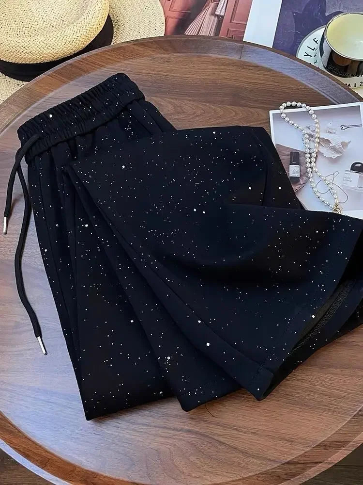 Shiny Star Ice Silk Wide Leg Pants Women Summer New High Waist Straight Casual Sports Long Trousers Children