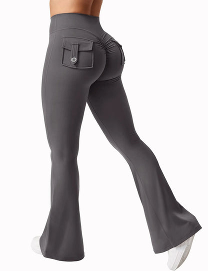 New women's casual flared yoga pants, training flared pants, high waisted work clothes, belt pocket sportswear