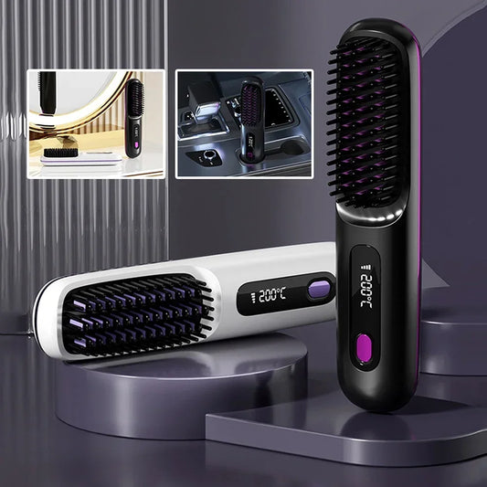 Convenient Mini Cordless Hair Straightener Brush with 3 Setting LED Temperature Display Electric Negative Ions Ceramic Hot Comb