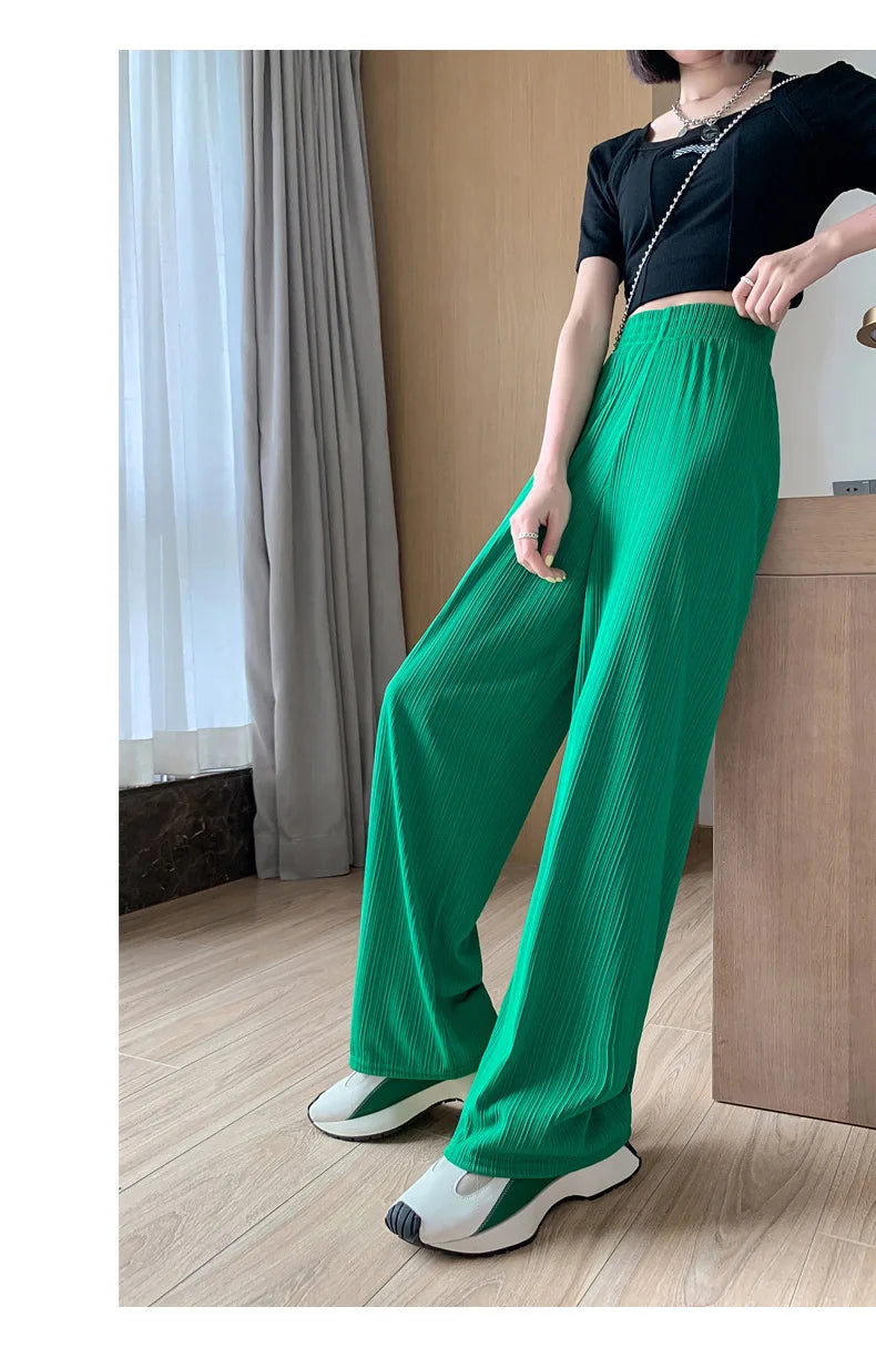 Thin Summer Wide-leg Pants Ice Filament Permeability Women Spring  Women Elastic Waist Stright Long Wide Leg Pants Casual Female