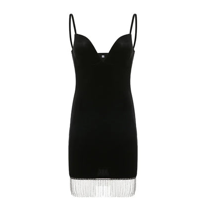Summer Women's Backless Dinner Feeling Low Cut V-neck Velvet Tassel Suspended Dress With Waist Wrap To Show Thin Dress
