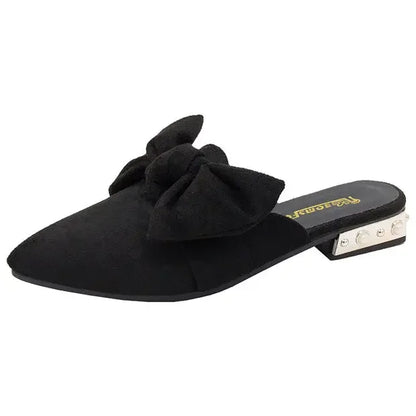 Slides With Bow Shoes for Women Low Heel Woman Slippers Original 39 Non Slip Sandals Summer Footwear 2025 Trend Easy Wears Shoe