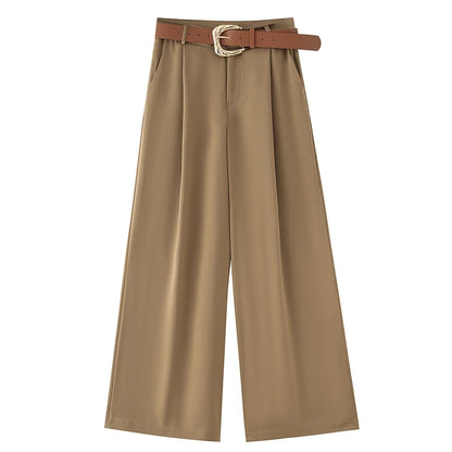 TRAF Women's Pants High Waist Wide Leg Pants with Belt Satin Long Trousers Pockets Casual Baggy Pants Summer Elegant Lady Pants
