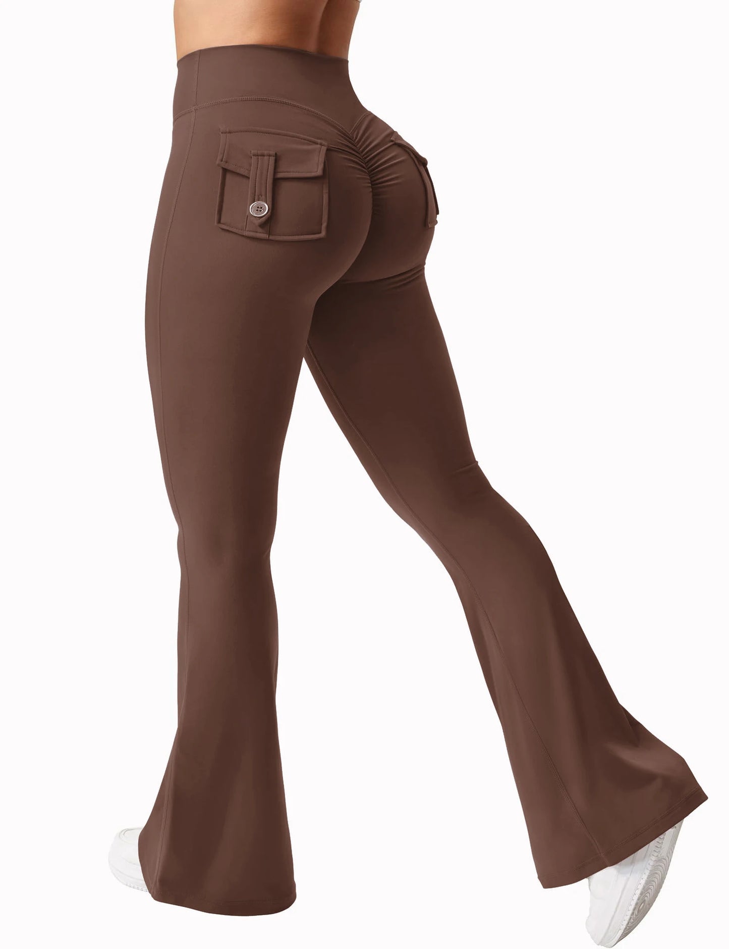 New women's casual flared yoga pants, training flared pants, high waisted work clothes, belt pocket sportswear