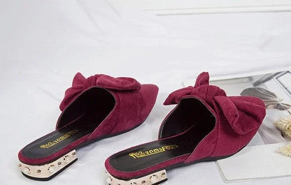 Slides With Bow Shoes for Women Low Heel Woman Slippers Original 39 Non Slip Sandals Summer Footwear 2025 Trend Easy Wears Shoe
