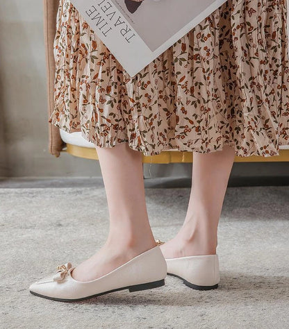 Women's Flat Shoes Beige Pointed Toe with Bow Office Ladies Footwear 2025 New Offers Walking Y2k Fashion Designer Luxury Trends