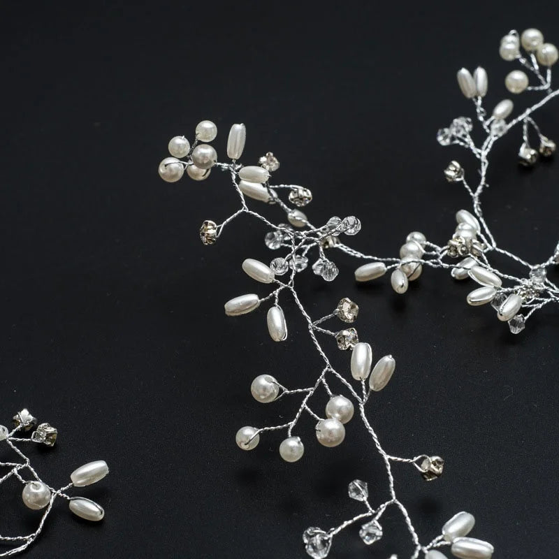 35/50cm Long Bridal Handmade Crystal Pearl Hair Band Headdress Wedding Hair Accessories Beads Headband Jewelry Fashion Headdress