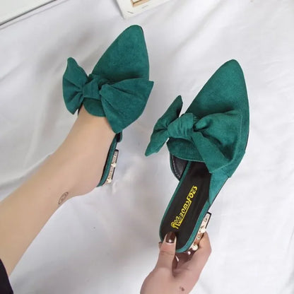 Slides With Bow Shoes for Women Low Heel Woman Slippers Original 39 Non Slip Sandals Summer Footwear 2025 Trend Easy Wears Shoe