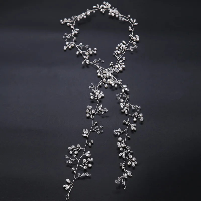 35/50cm Long Bridal Handmade Crystal Pearl Hair Band Headdress Wedding Hair Accessories Beads Headband Jewelry Fashion Headdress