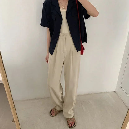 Women Solid High Waist Suit Pants Fall Straight  Fashion Trousers Casual Button Loose Office Ladies Korean Female Pant New