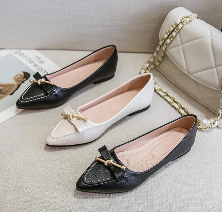 Women's Flat Shoes Beige Pointed Toe with Bow Office Ladies Footwear 2025 New Offers Walking Y2k Fashion Designer Luxury Trends