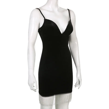 Summer Women's Backless Dinner Feeling Low Cut V-neck Velvet Tassel Suspended Dress With Waist Wrap To Show Thin Dress