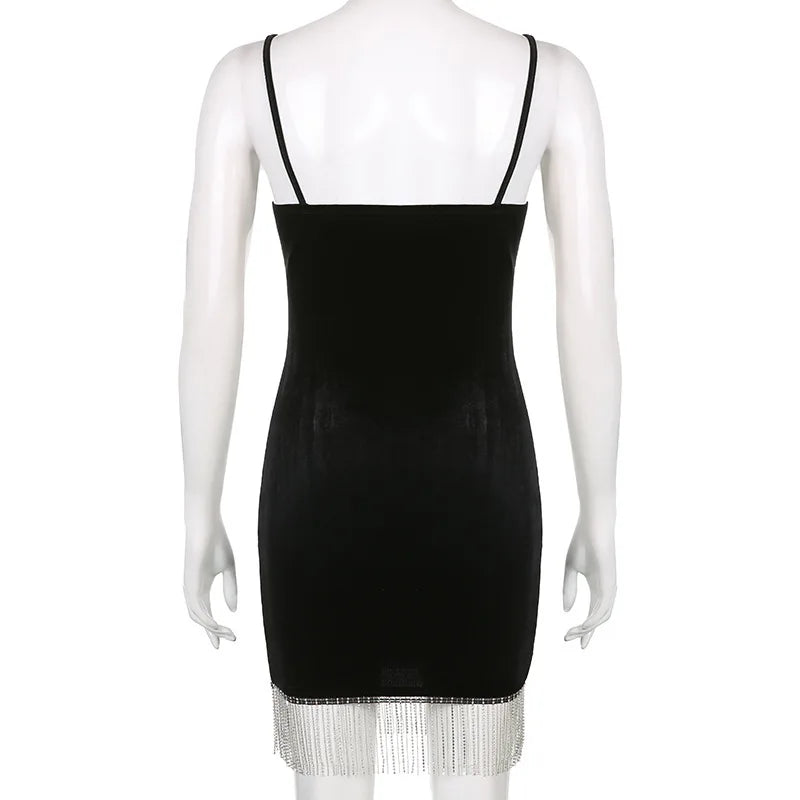 Summer Women's Backless Dinner Feeling Low Cut V-neck Velvet Tassel Suspended Dress With Waist Wrap To Show Thin Dress