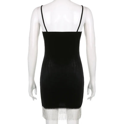 Summer Women's Backless Dinner Feeling Low Cut V-neck Velvet Tassel Suspended Dress With Waist Wrap To Show Thin Dress