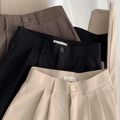 Women Solid High Waist Suit Pants Fall Straight  Fashion Trousers Casual Button Loose Office Ladies Korean Female Pant New