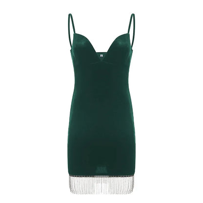 Summer Women's Backless Dinner Feeling Low Cut V-neck Velvet Tassel Suspended Dress With Waist Wrap To Show Thin Dress