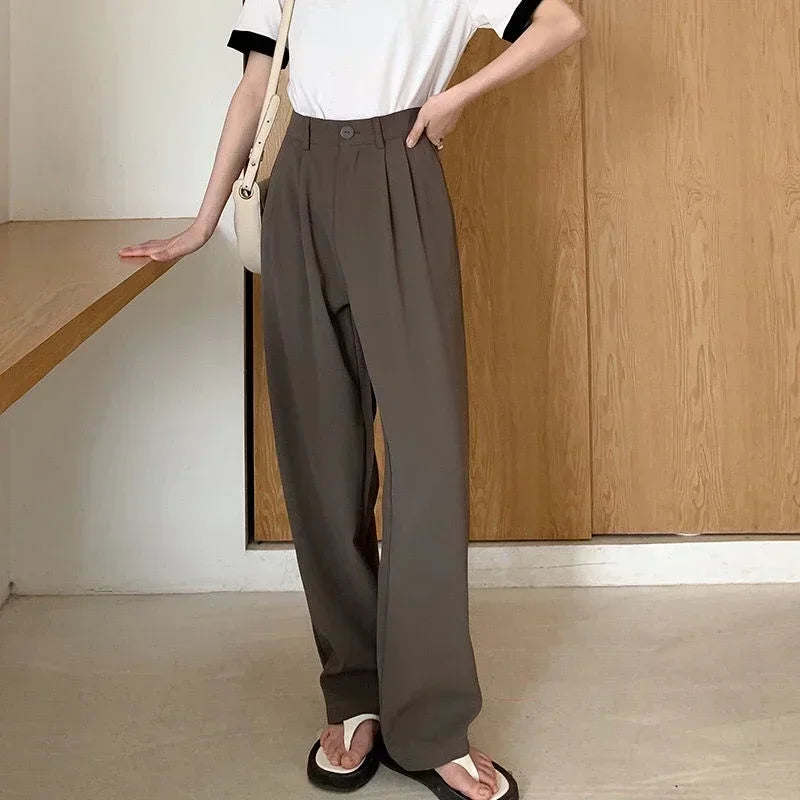 Women Solid High Waist Suit Pants Fall Straight  Fashion Trousers Casual Button Loose Office Ladies Korean Female Pant New