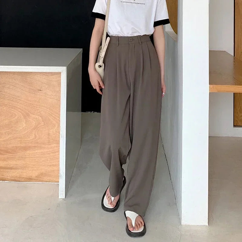 Women Solid High Waist Suit Pants Fall Straight  Fashion Trousers Casual Button Loose Office Ladies Korean Female Pant New