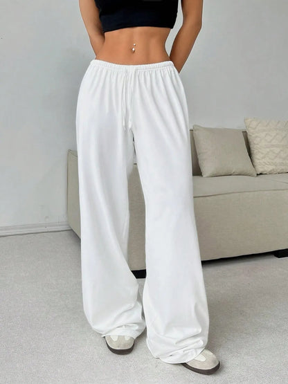 Elegant Solid High Waist Baggy Pants Fashion Women Loose Drawstring Pocket Wide Leg Pants Casual Sweatpant Streetwear Trousers