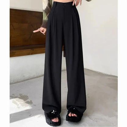 Korean Style Women Classic Suit Pants Office Lady Fashion High Waist Loose Straight Wide Leg Trousers Female Slacks Gray Pants