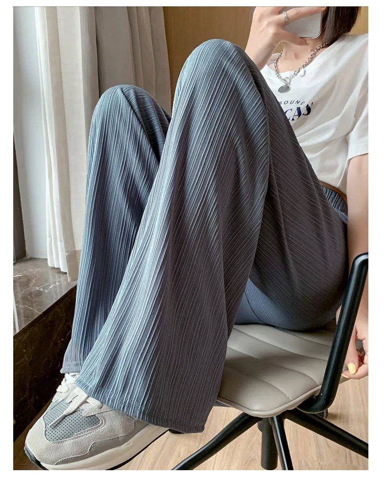 Thin Summer Wide-leg Pants Ice Filament Permeability Women Spring  Women Elastic Waist Stright Long Wide Leg Pants Casual Female