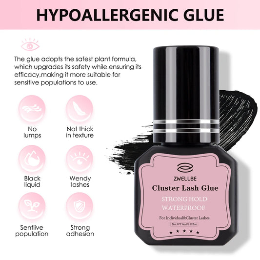 ZWELLBE Lash Clusters Glue 8ml Black Eyelash Glue for DIY Lash Extensions Long-Lasting Waterproof&No Irritation Makeup Tool