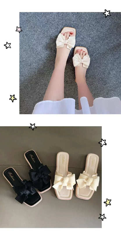 Bow slippers female summer wear new fashionable sweet girl flat bottom non-slip fairy wind word cool slippers female