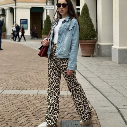 TRAF Women's Trousers Leopard Print Pants For Women Vintage High Waist Baggy Wide Pants Woman Streetwear Straight Long Pants