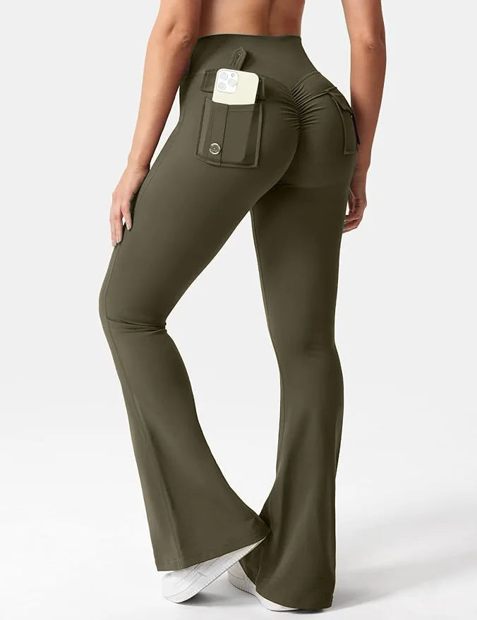New women's casual flared yoga pants, training flared pants, high waisted work clothes, belt pocket sportswear
