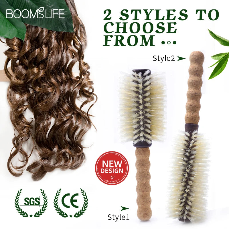 Personalized Name Boar Bristle Roller Hair Brush Cork handle Women Round Rolling Brush Barrel Curling Straight Twill Hair Comb