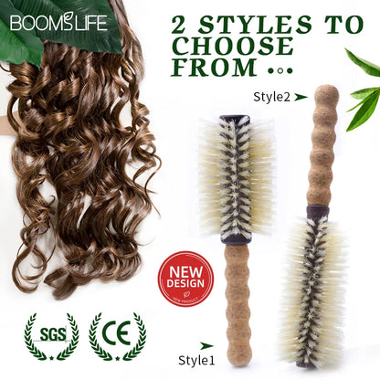 Personalized Name Boar Bristle Roller Hair Brush Cork handle Women Round Rolling Brush Barrel Curling Straight Twill Hair Comb