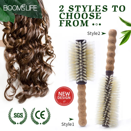 Personalized Name Boar Bristle Roller Hair Brush Cork handle Women Round Rolling Brush Barrel Curling Straight Twill Hair Comb