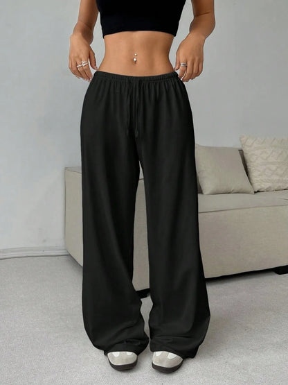 Elegant Solid High Waist Baggy Pants Fashion Women Loose Drawstring Pocket Wide Leg Pants Casual Sweatpant Streetwear Trousers