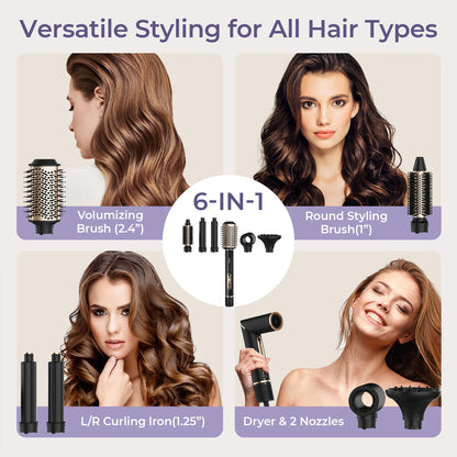 6-in-1 Multifunctional Hot Air Comb, Interchangeable Brush Head, Negative Ion Hair Dryer Brush and Styler, 110,000 Inorganic Electric Brush with High Speed, Frizzless Hot Air Quick Drying, Professional Air Styling Comb, Hair