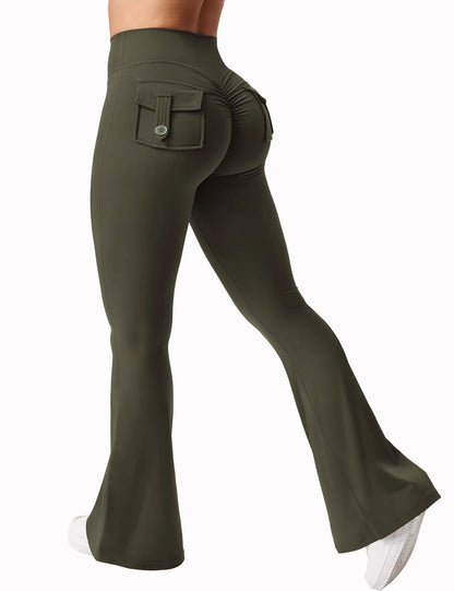 New women's casual flared yoga pants, training flared pants, high waisted work clothes, belt pocket sportswear