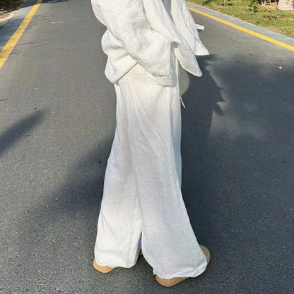 2025 New Spring Summer Wide Leg Pants Fashion Women Black Solid Loose Drawstring Baggy Pant Casual Pocket High Waist Trousers