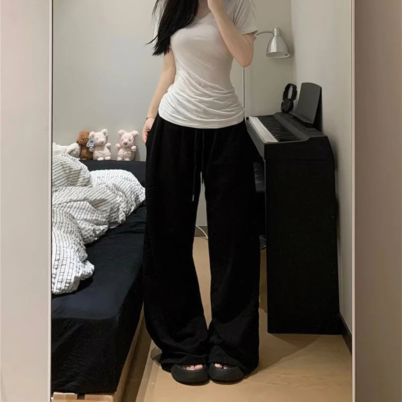 R2024 Harajuku Wide Leg Sweatpants for Women Elastic Waist Casual Sport Pants Woman Streetwear Gray Oversize Sportswear Female