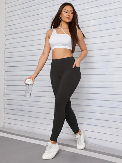 Women Solid Color High Waist Leggings with Pockets ,All-Season Casual Sports Running, Workout, and Fitness Yoga Pants