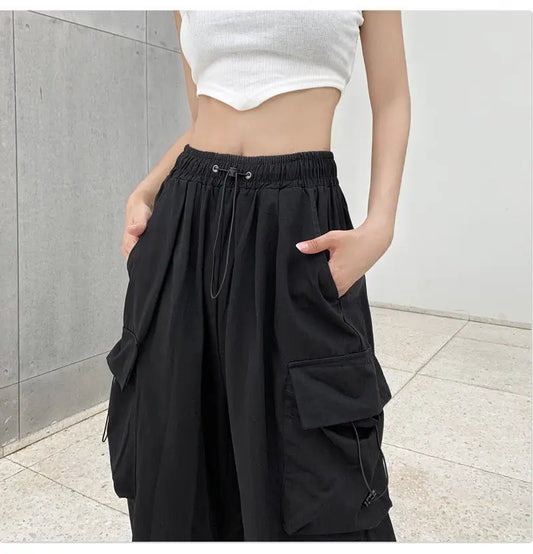 2025 Women Casual Joggers Tech Pants Solid Low Waist Pants Drawstring Wide Leg Baggy Trousers Y2k Streetwear Oversize Sweatpants