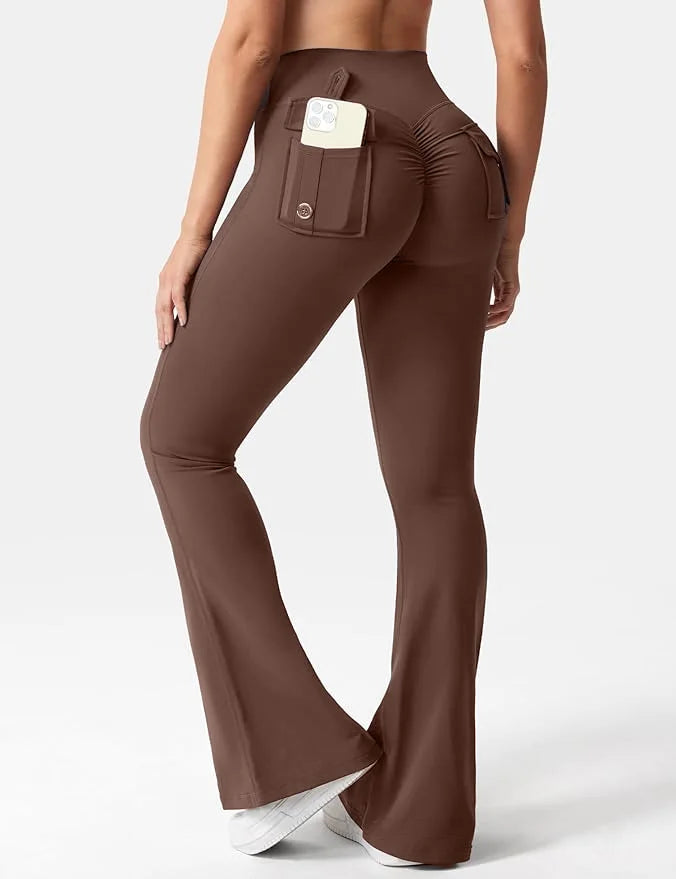 New women's casual flared yoga pants, training flared pants, high waisted work clothes, belt pocket sportswear