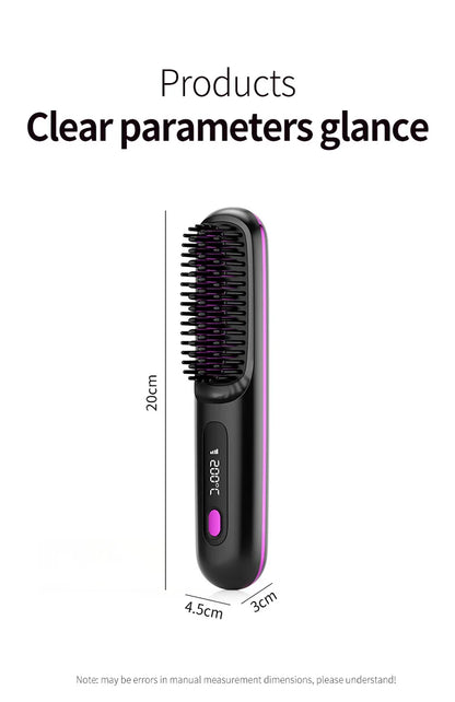 Convenient Mini Cordless Hair Straightener Brush with 3 Setting LED Temperature Display Electric Negative Ions Ceramic Hot Comb