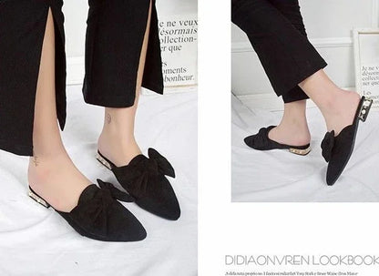 Slides With Bow Shoes for Women Low Heel Woman Slippers Original 39 Non Slip Sandals Summer Footwear 2025 Trend Easy Wears Shoe