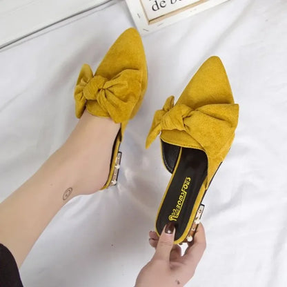 Slides With Bow Shoes for Women Low Heel Woman Slippers Original 39 Non Slip Sandals Summer Footwear 2025 Trend Easy Wears Shoe